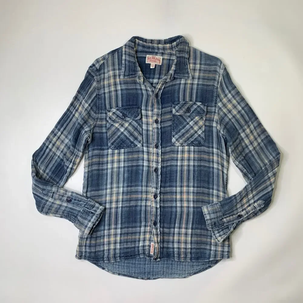 True Religion Shirt Mens M Medium Blue Western Woven Plaid Flannel Shirttail Hem